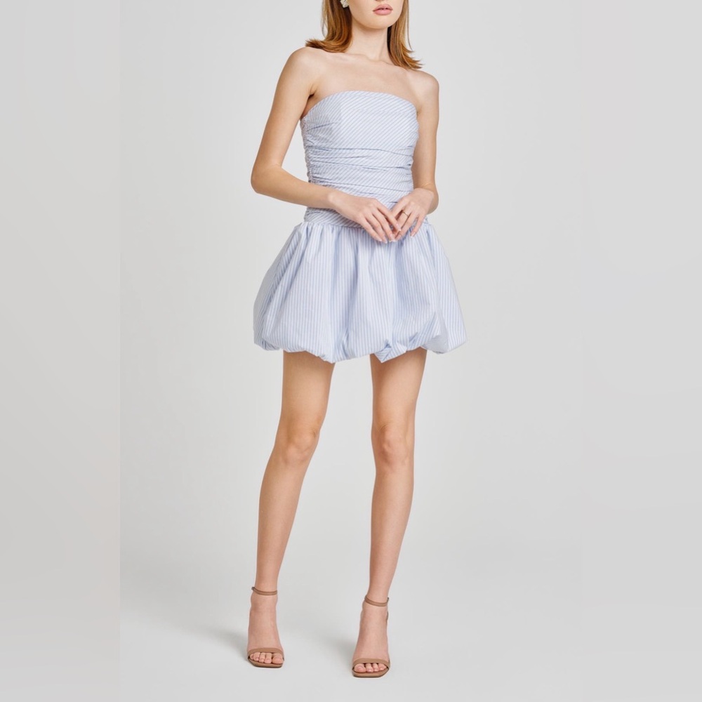 Wayf Blue & Ivory Pinstripe Bonnie Strapless Bubble Hem Mini‎ Dress